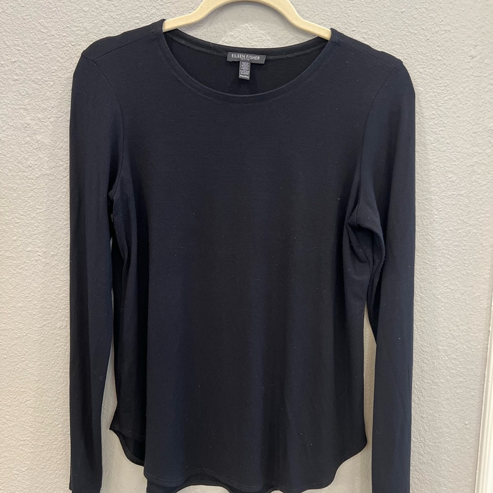 Eileen Fisher Classic Black Long Sleeve Crewneck Top, EUC